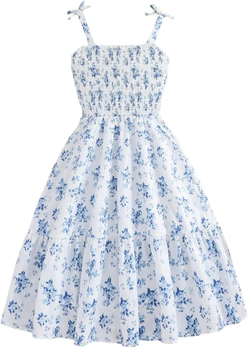 Floral Print Smocked Dress, White with Flower, Princess Style