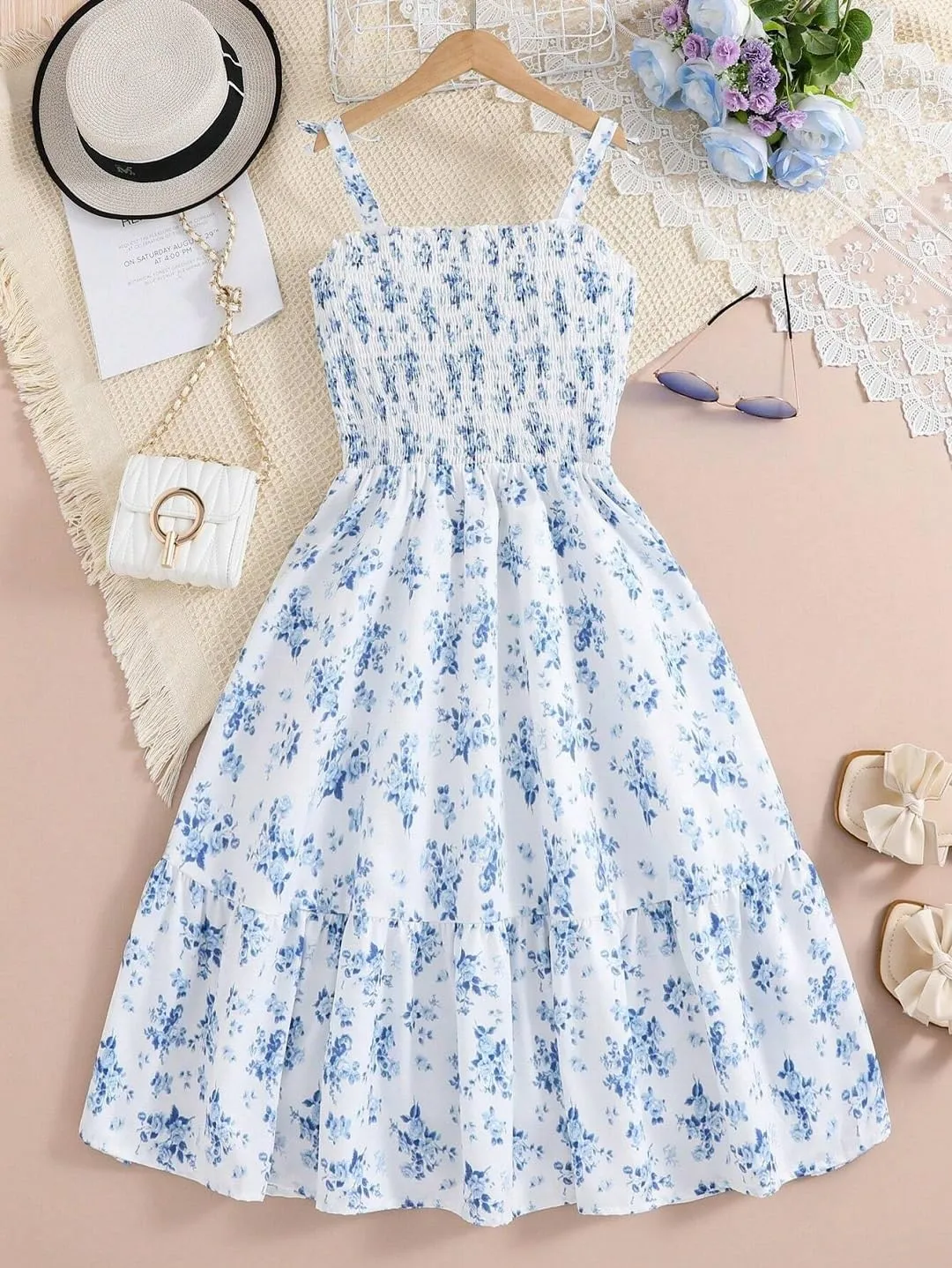 Floral Print Smocked Dress, White with Flower, Princess Style