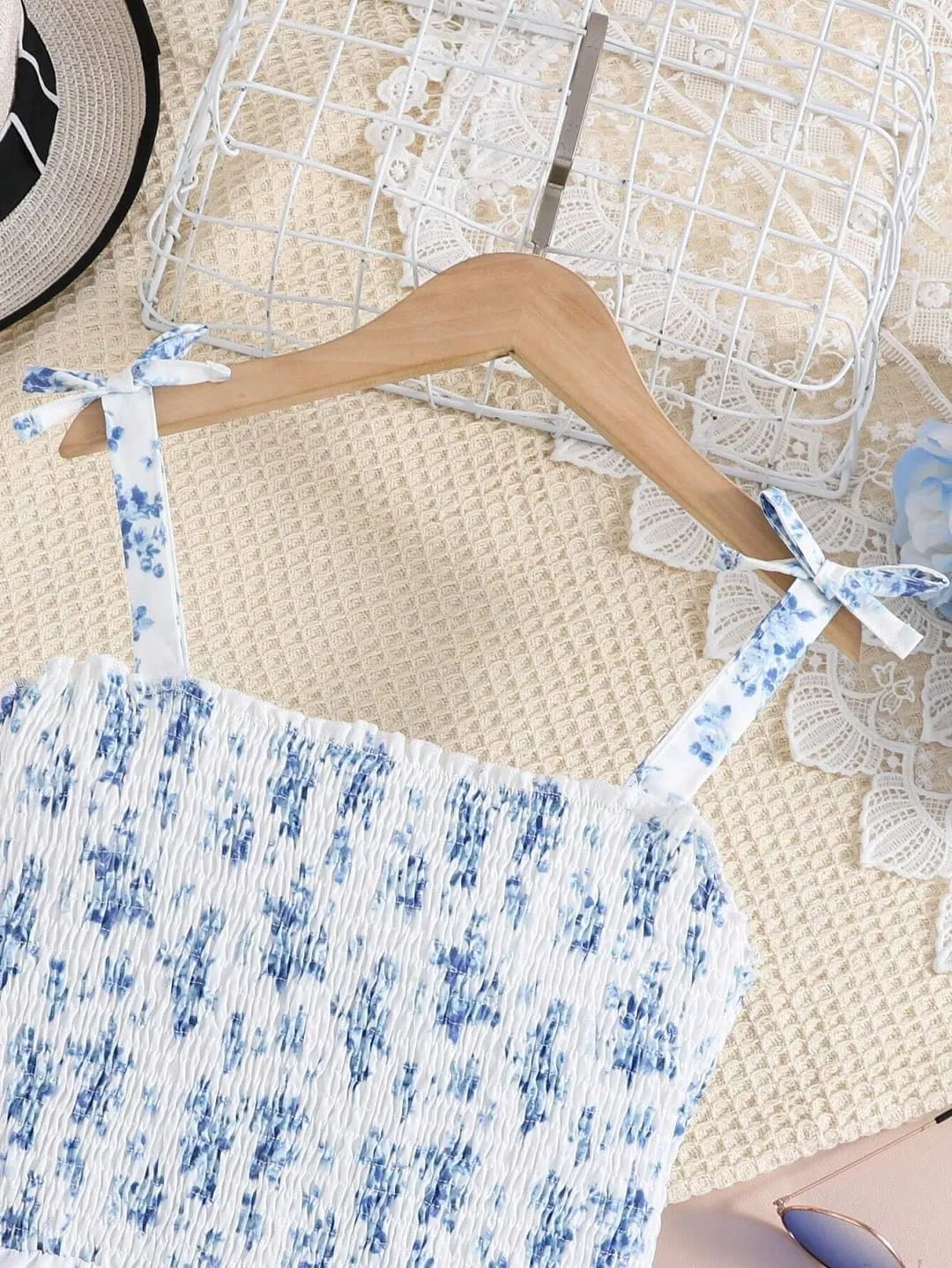 Floral Print Smocked Dress, White with Flower, Princess Style