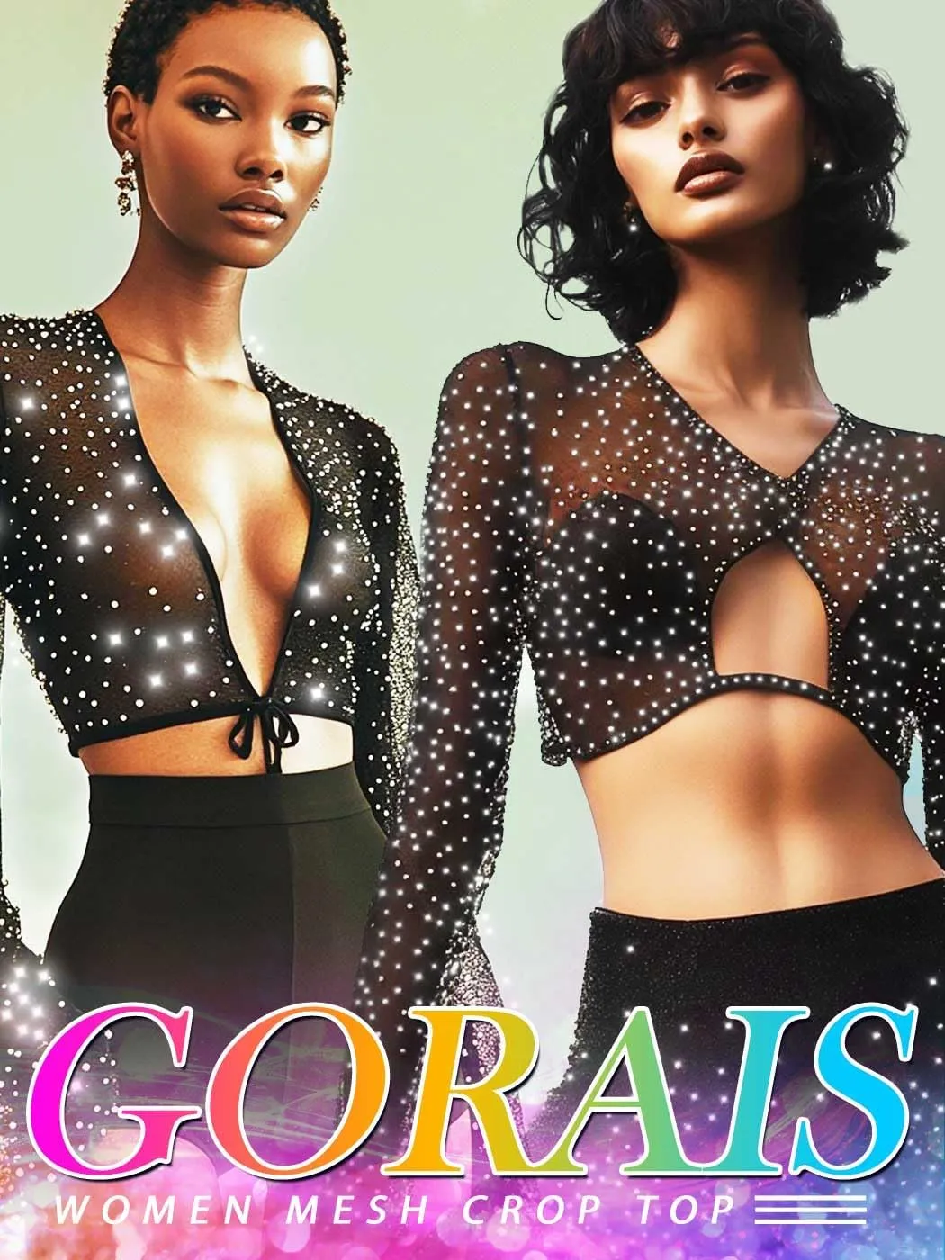 GORAIS Rhinestone Mesh Top Black Sheer Shrug Long Sleeve Crop Tops for Women