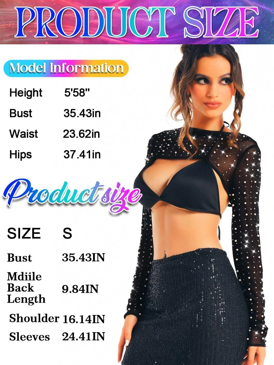 GORAIS Rhinestone Mesh Top Black Sheer Shrug Long Sleeve Crop Tops for Women