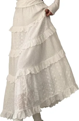 HAIRUO Women's Tiered Skirt White Eyelet Lace Skirt Fashion Elastic Waist Ruffle A-Line Long Dress