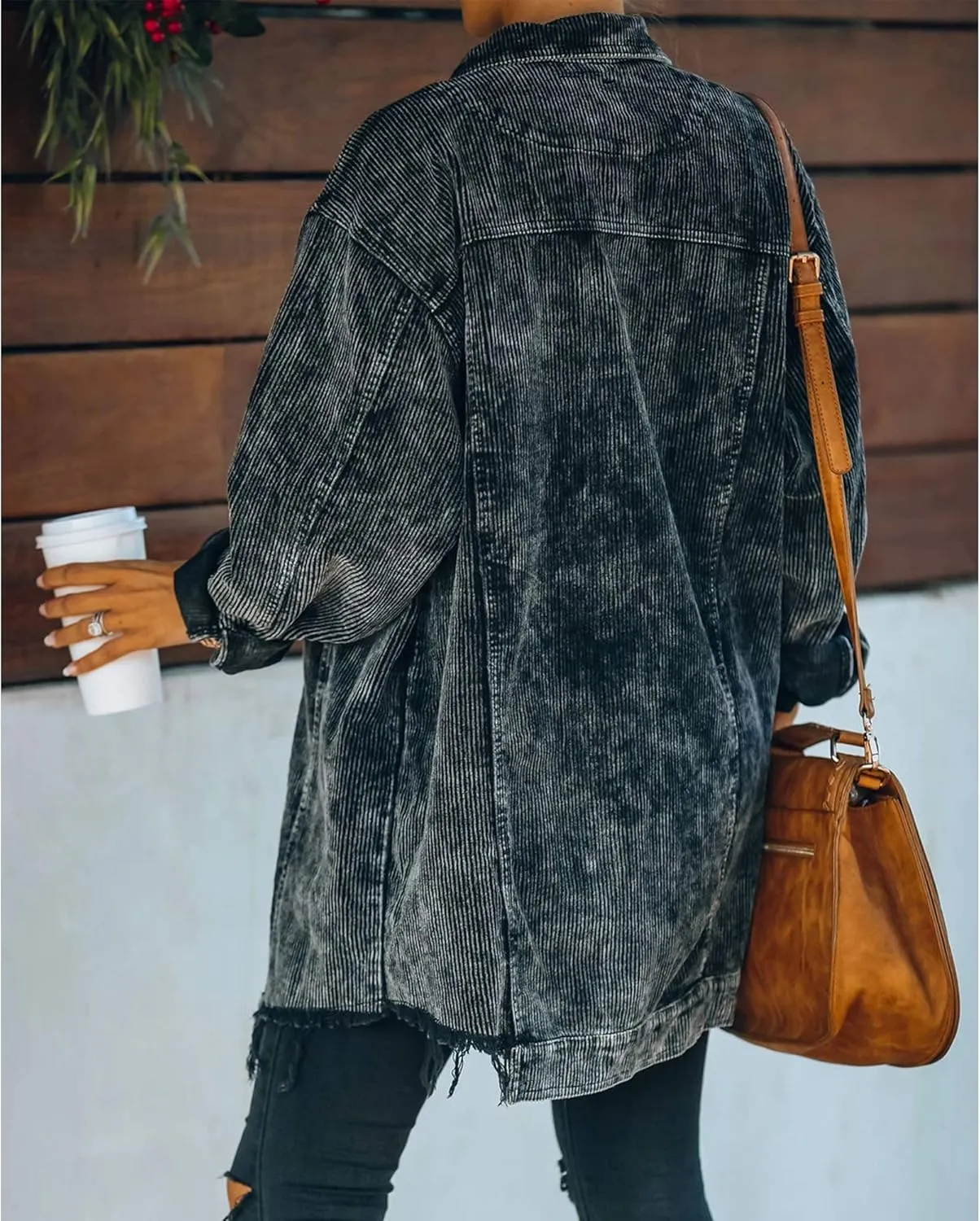 Hixiaohe Women's Casual Oversized Button Down Corduroy Shirt Jacket Coat Washed Retro Shacket