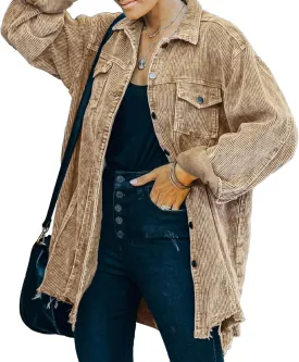 Hixiaohe Women's Casual Oversized Button Down Corduroy Shirt Jacket Coat Washed Retro Shacket