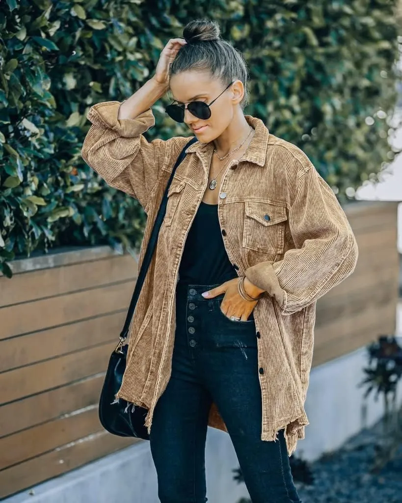 Hixiaohe Women's Casual Oversized Button Down Corduroy Shirt Jacket Coat Washed Retro Shacket