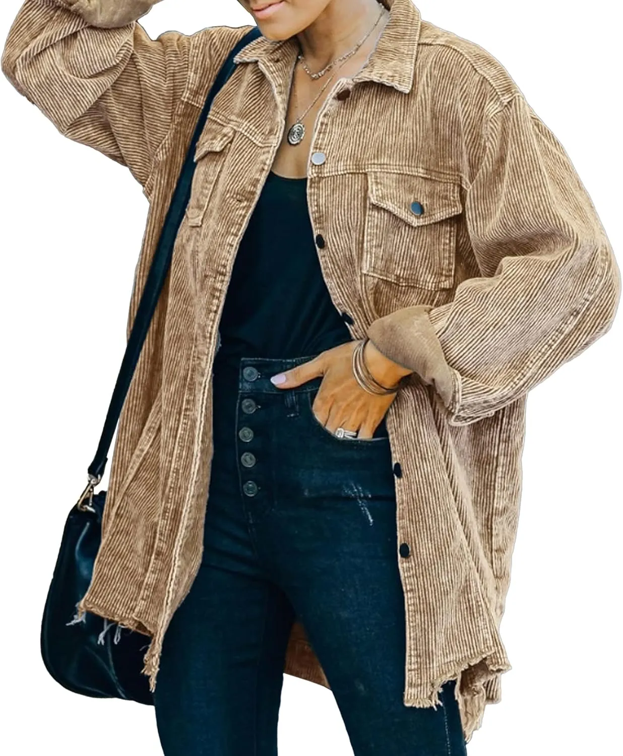 Hixiaohe Women's Casual Oversized Button Down Corduroy Shirt Jacket Coat Washed Retro Shacket
