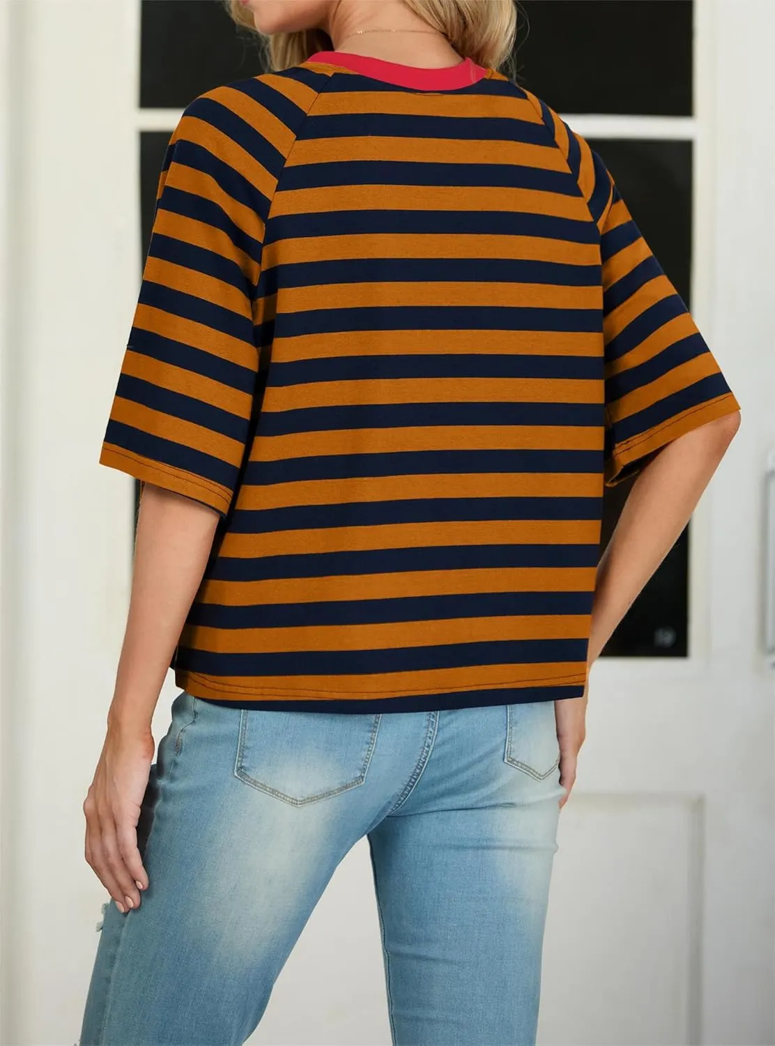 IWOLLENCE Women's Loose Casual Summer Striped Tops Crewneck 1/2 Short Sleeve Color Block Tee Oversized Cropped Shirts