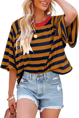 IWOLLENCE Women's Loose Casual Summer Striped Tops Crewneck 1/2 Short Sleeve Color Block Tee Oversized Cropped Shirts