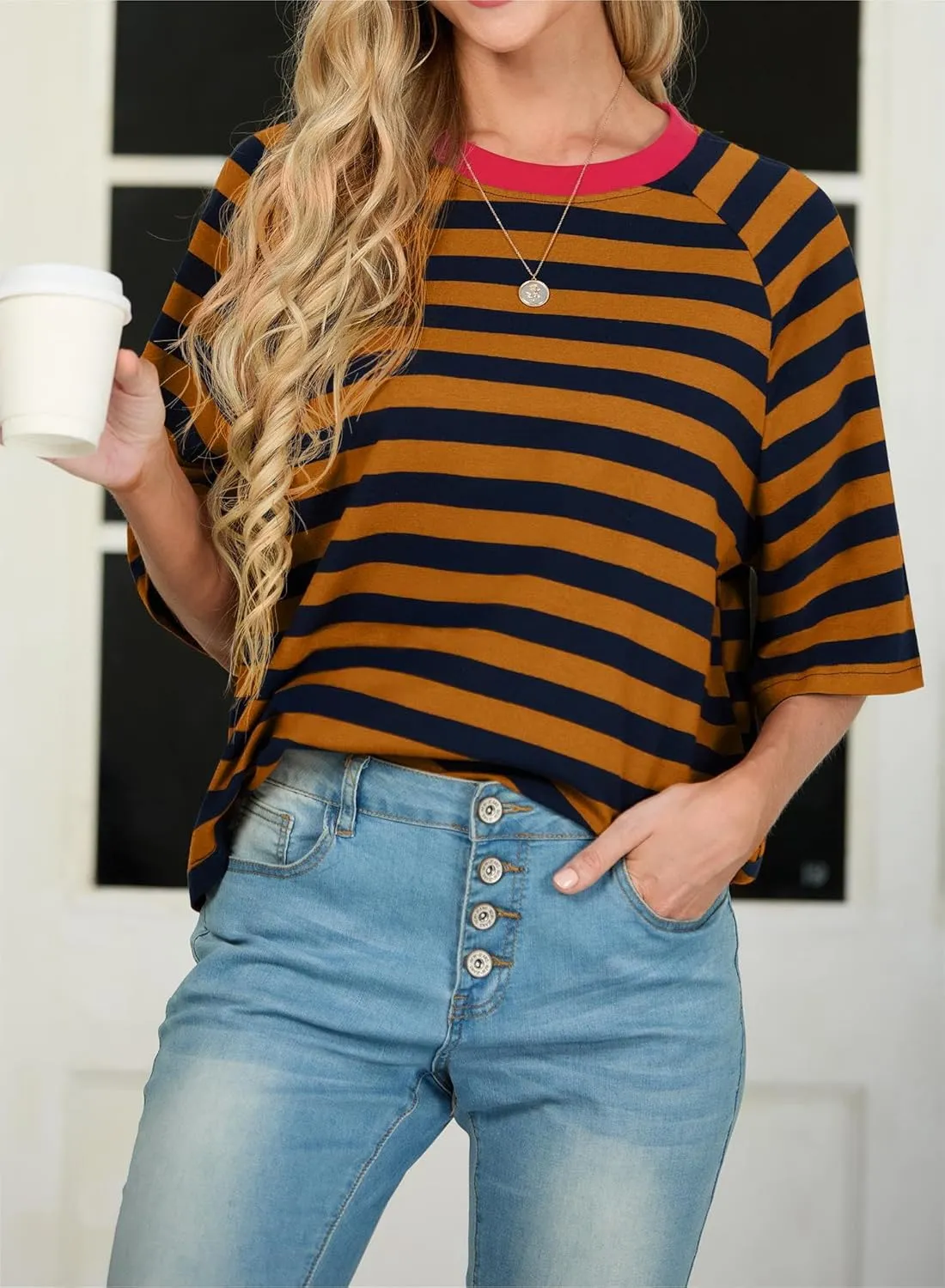 IWOLLENCE Women's Loose Casual Summer Striped Tops Crewneck 1/2 Short Sleeve Color Block Tee Oversized Cropped Shirts
