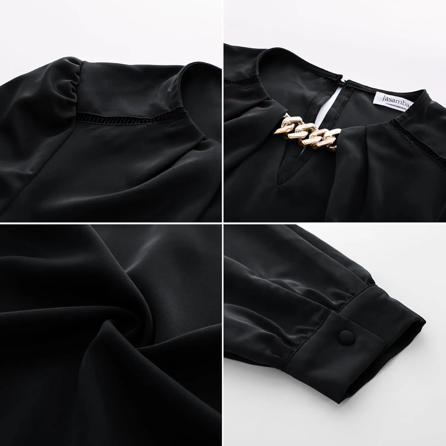 JASAMBAC Women's Satin Silk Blouse 2025 Keyhole Neck Long Sleeve Tops Elegant Casual Office Work Dressy Shirts Pullover Tops