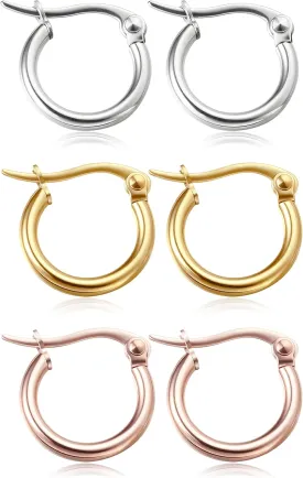 Jstyle 3 Pairs Stainless Steel Hoop Earrings Set for Women Mens Black Silver Gold Small Hoop Earring, Lightweight Click-Top Hoops Piercing 10-20MM