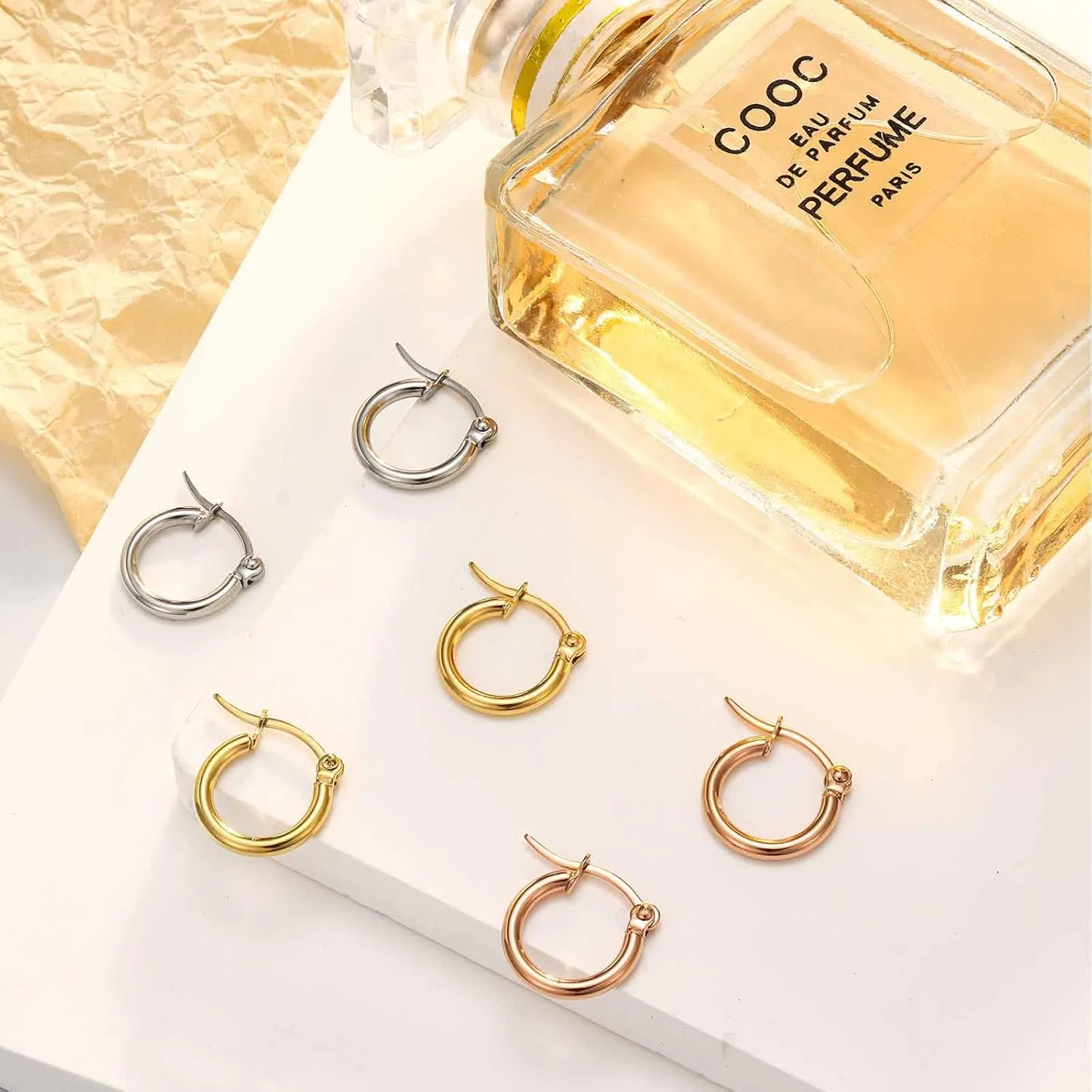 Jstyle 3 Pairs Stainless Steel Hoop Earrings Set for Women Mens Black Silver Gold Small Hoop Earring, Lightweight Click-Top Hoops Piercing 10-20MM