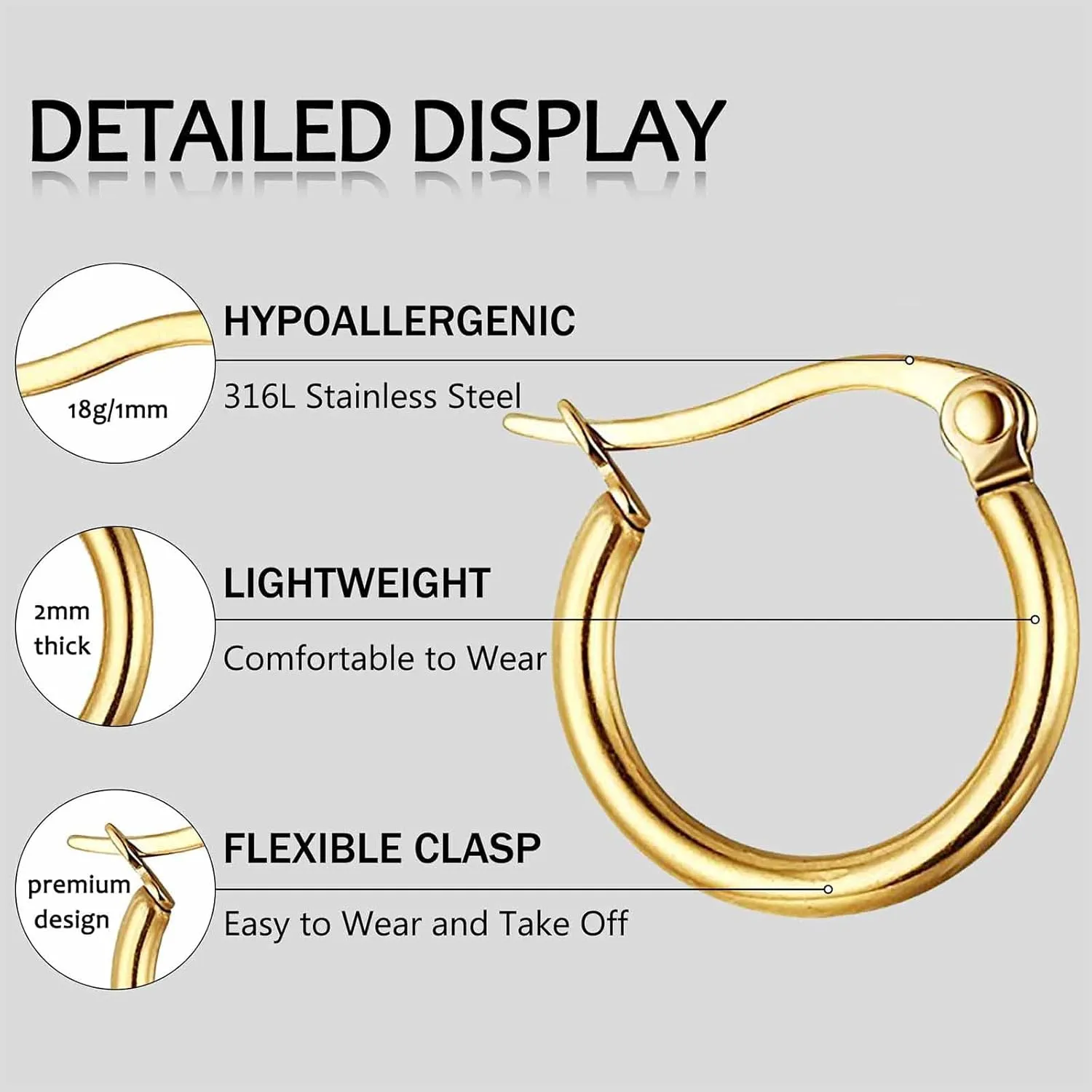 Jstyle 3 Pairs Stainless Steel Hoop Earrings Set for Women Mens Black Silver Gold Small Hoop Earring, Lightweight Click-Top Hoops Piercing 10-20MM
