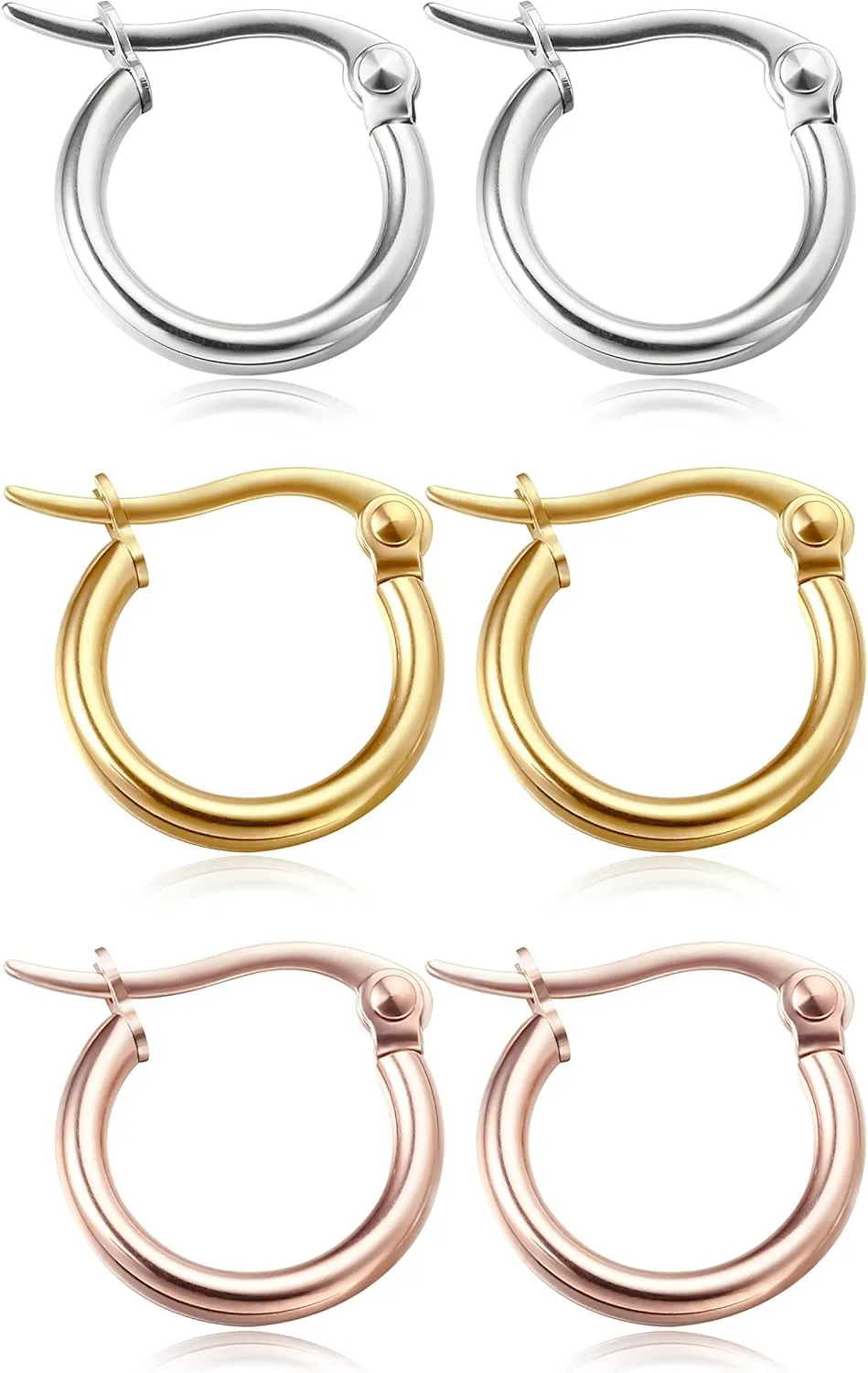 Jstyle 3 Pairs Stainless Steel Hoop Earrings Set for Women Mens Black Silver Gold Small Hoop Earring, Lightweight Click-Top Hoops Piercing 10-20MM