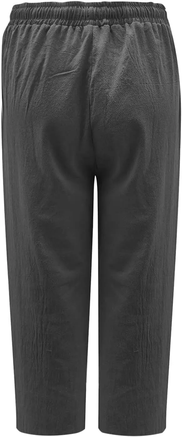 LRMQS Beach Pants Capri Length for Women 2024 Spring Summer Linen Capris Drawstring Elastic Waist Trendy Cropped Trousers