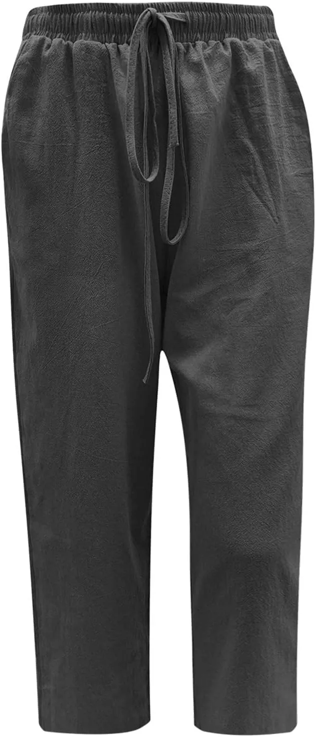 LRMQS Beach Pants Capri Length for Women 2024 Spring Summer Linen Capris Drawstring Elastic Waist Trendy Cropped Trousers