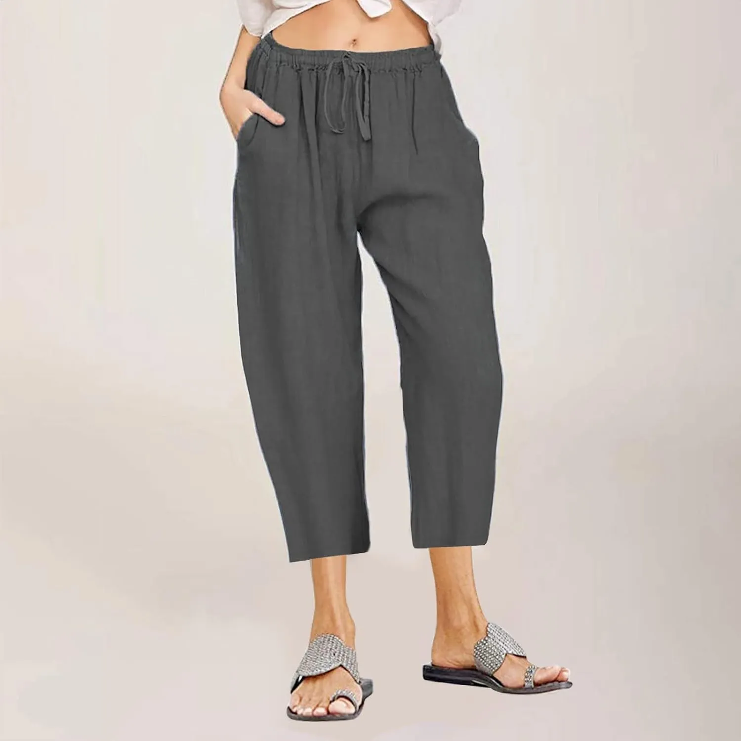 LRMQS Beach Pants Capri Length for Women 2024 Spring Summer Linen Capris Drawstring Elastic Waist Trendy Cropped Trousers
