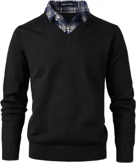 Men's Knit Sweater Fashion Pullover Soft Touch V-Neck Sweatshirt Top with Plaid or White Mock Shirt Collar