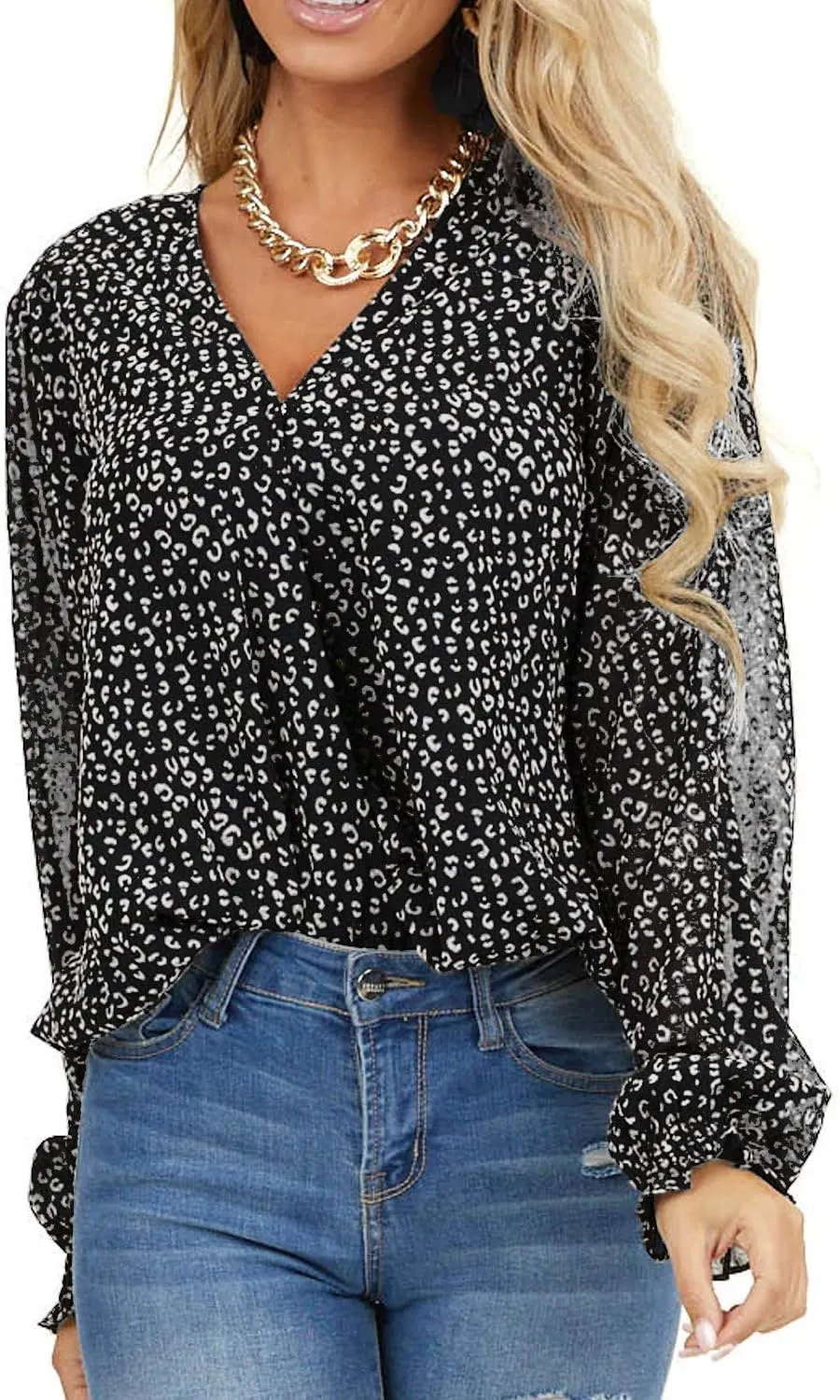 MLEBR Womens Blouses Fashion Long Sleeve V Neck Loose Casual Floral Leopard Printed Chiffon Blouses Tops and T Shirts