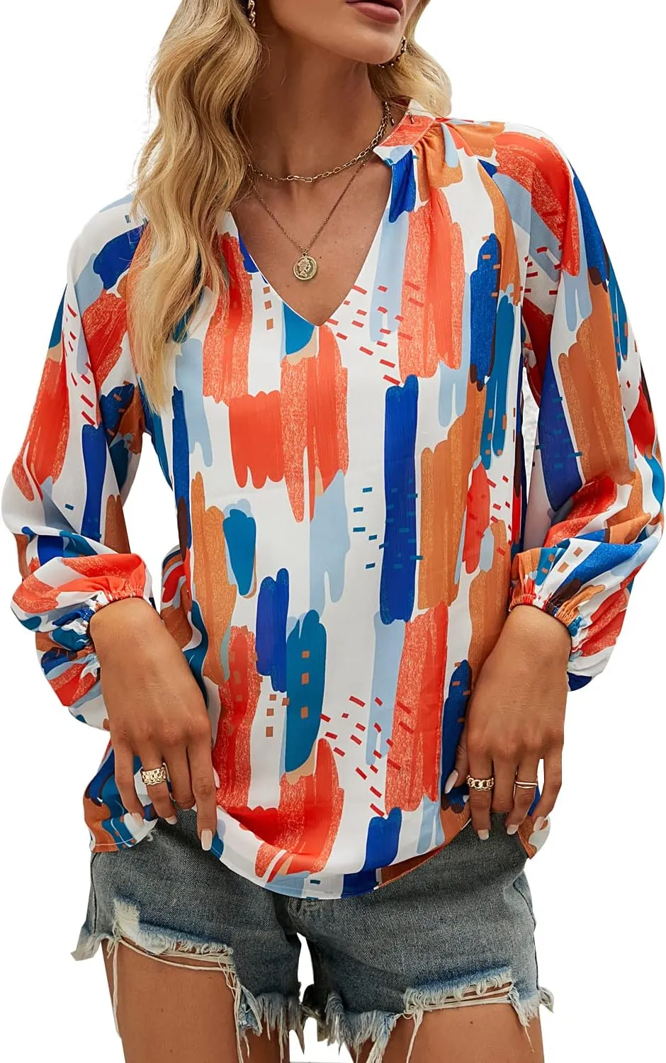 MLEBR Womens Blouses Fashion Long Sleeve V Neck Loose Casual Floral Leopard Printed Chiffon Blouses Tops and T Shirts