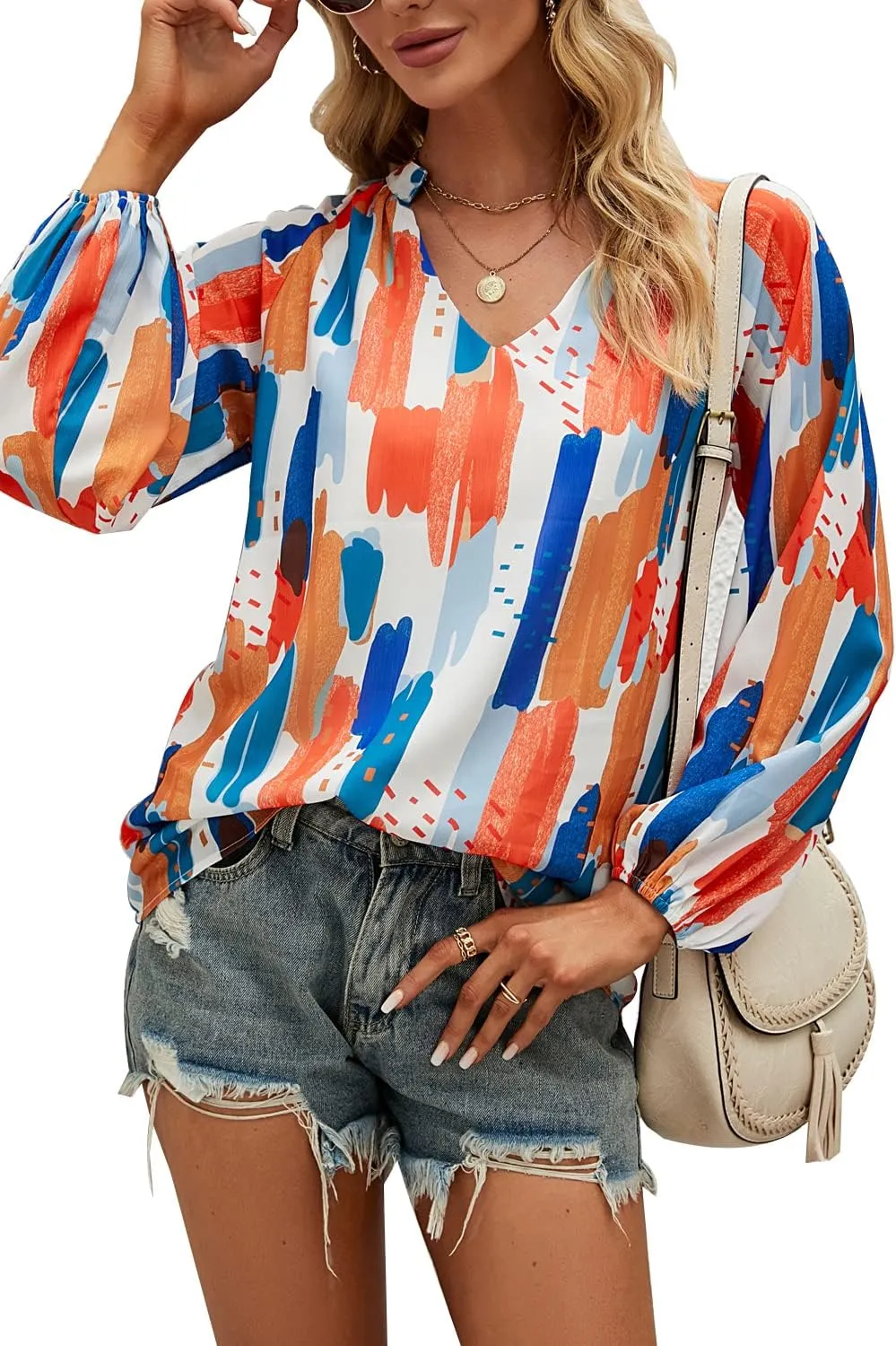 MLEBR Womens Blouses Fashion Long Sleeve V Neck Loose Casual Floral Leopard Printed Chiffon Blouses Tops and T Shirts