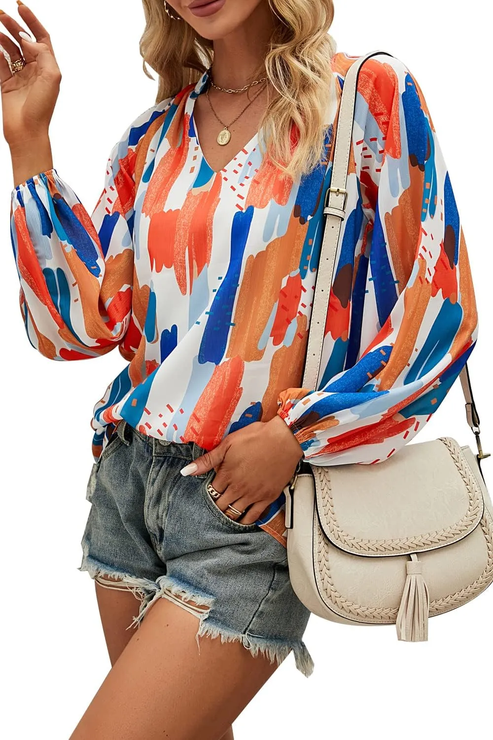 MLEBR Womens Blouses Fashion Long Sleeve V Neck Loose Casual Floral Leopard Printed Chiffon Blouses Tops and T Shirts