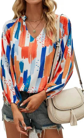 MLEBR Womens Blouses Fashion Long Sleeve V Neck Loose Casual Floral Leopard Printed Chiffon Blouses Tops and T Shirts