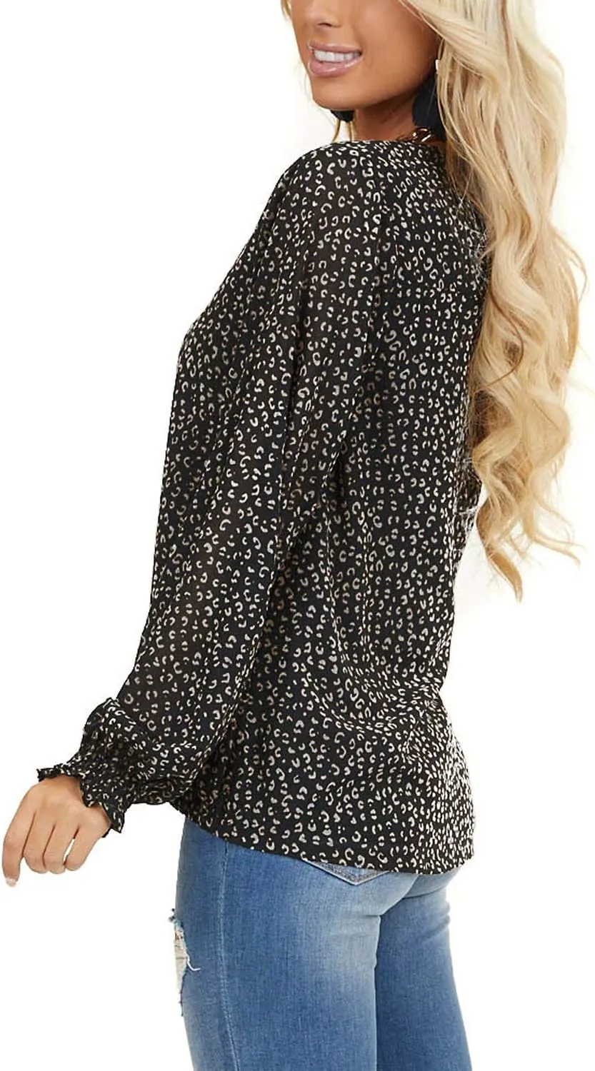 MLEBR Womens Blouses Fashion Long Sleeve V Neck Loose Casual Floral Leopard Printed Chiffon Blouses Tops and T Shirts