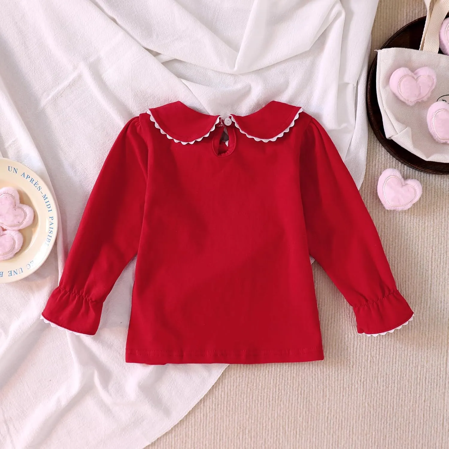 MODNTOGA Kids Baby Girl Long Sleeve Collar Shirt Toddler White Blouse Puff Short Sleeve T-Shirt Solid Color Basic Top Bottom
