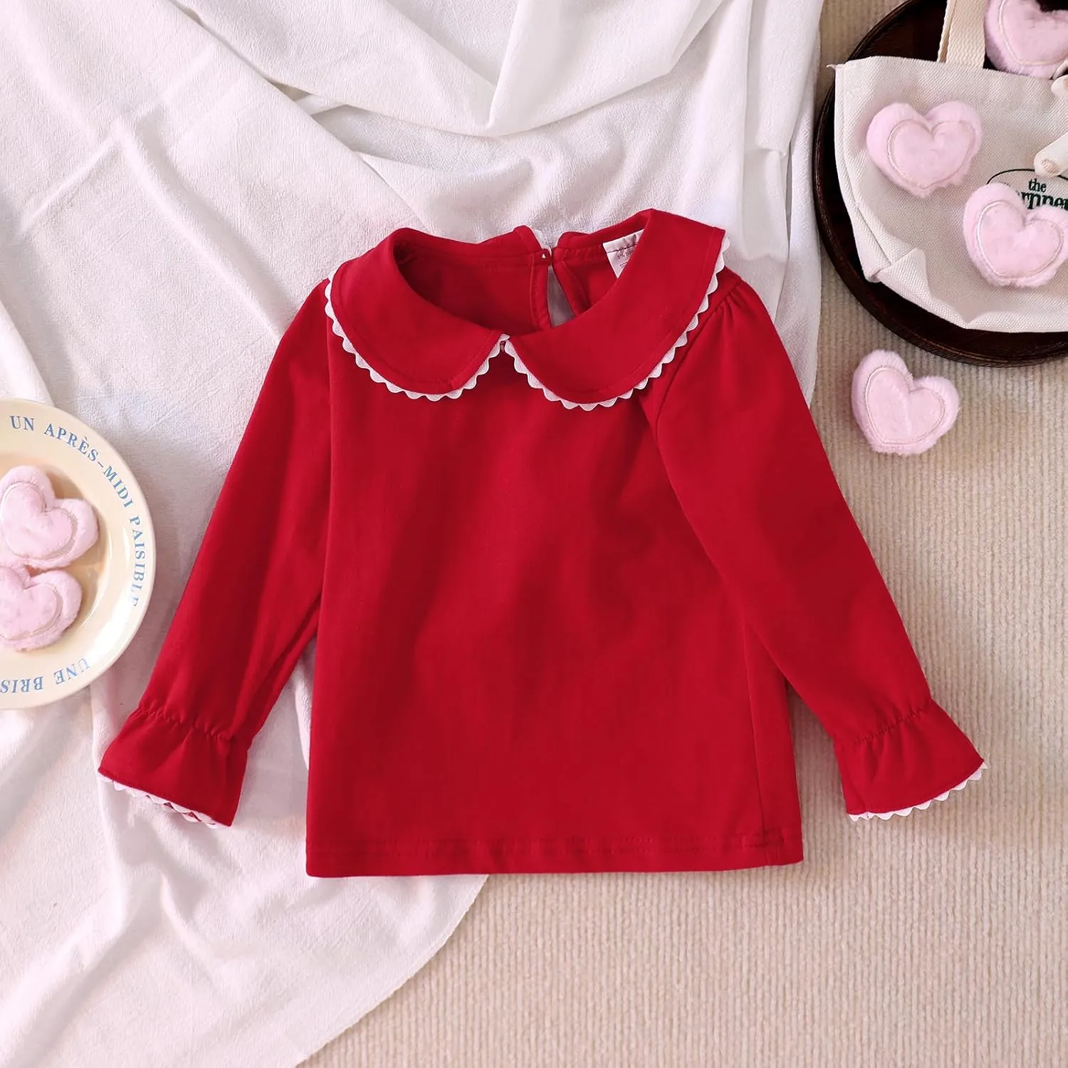 MODNTOGA Kids Baby Girl Long Sleeve Collar Shirt Toddler White Blouse Puff Short Sleeve T-Shirt Solid Color Basic Top Bottom