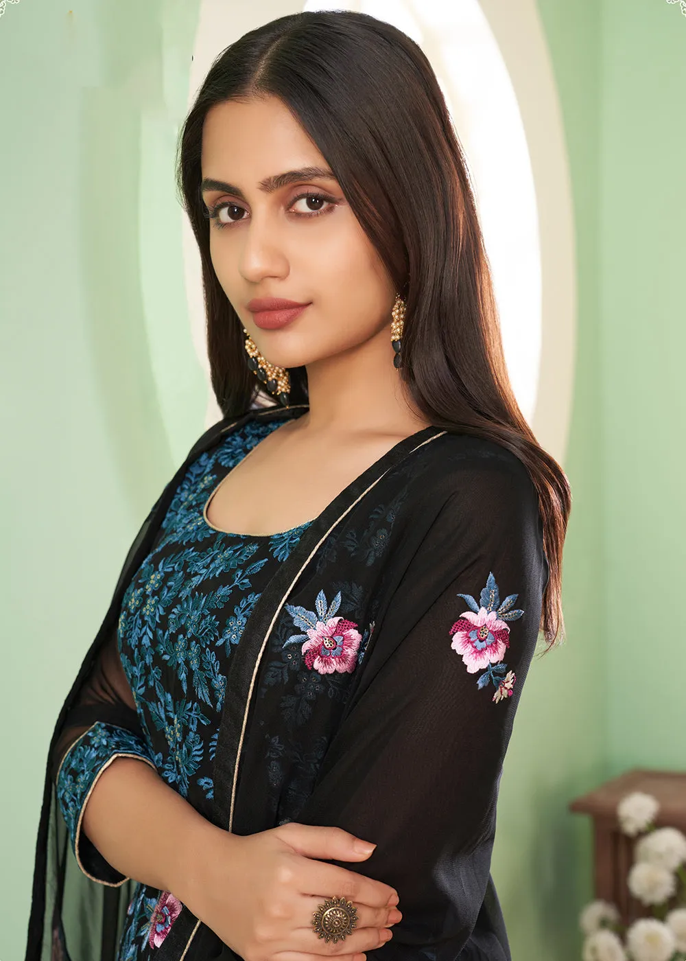 Multi Thread Glamourous Black Georgette Palazzo Salwar Suit
