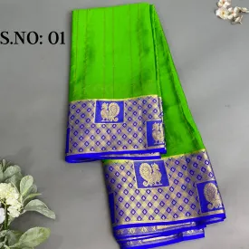 Mysore Silk Saree- Green With Contrast Blue (Attached Blouse Material)