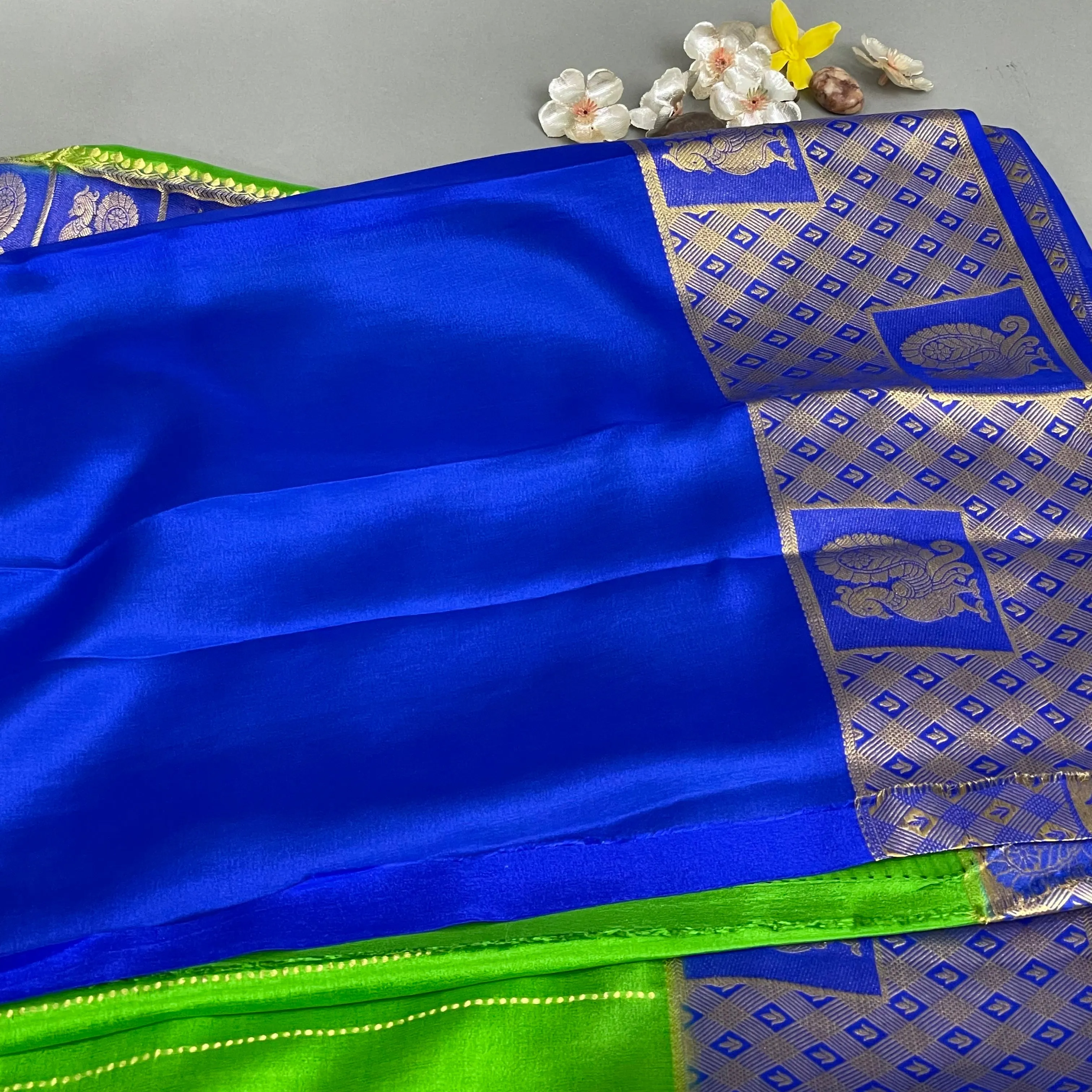 Mysore Silk Saree- Green With Contrast Blue (Attached Blouse Material)
