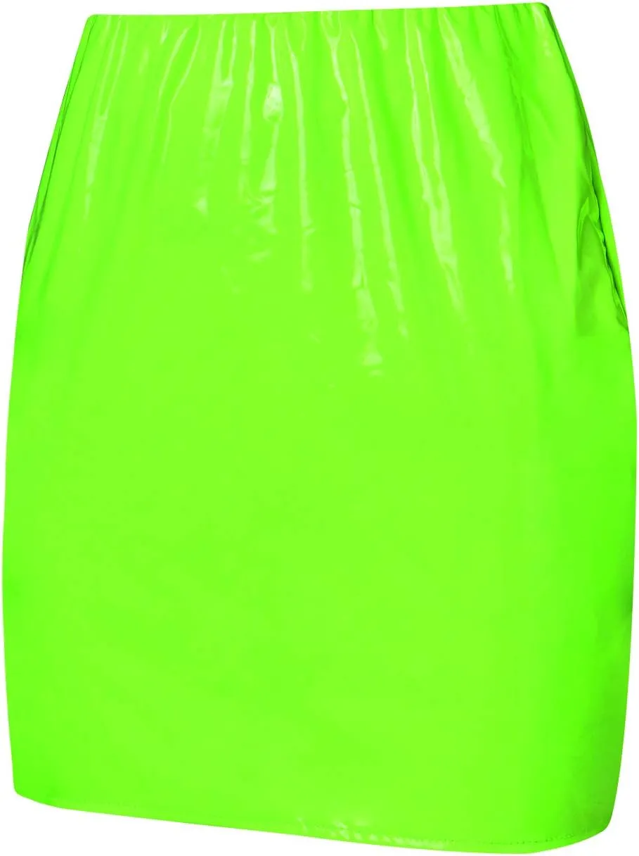 Neon Leather Mini Skirt for Women Sexy High Waist PU Latex Bodycon Pencil Skirts Y2K Shiny Clubwear