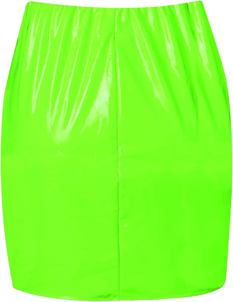 Neon Leather Mini Skirt for Women Sexy High Waist PU Latex Bodycon Pencil Skirts Y2K Shiny Clubwear