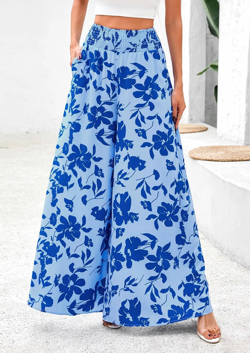 PRETTYGARDEN Women's 2025 Summer Flowy Wide Leg Palazzo Pants Dressy Casual Elastic High Waisted Pockets Boho Beach Trousers