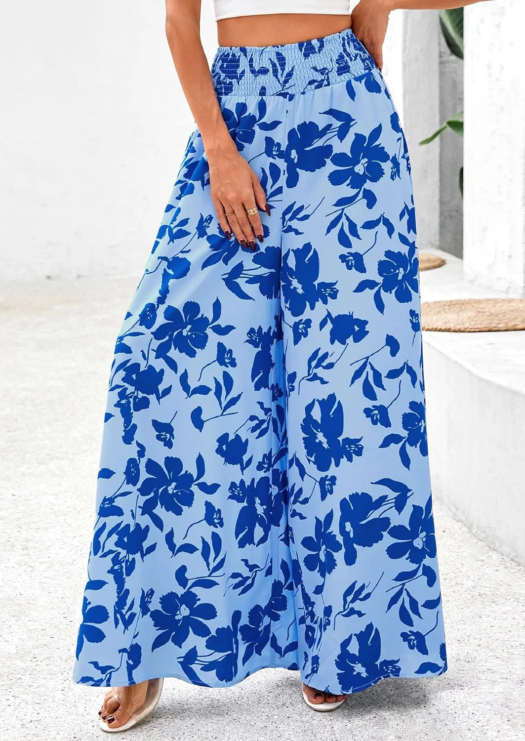 PRETTYGARDEN Women's 2025 Summer Flowy Wide Leg Palazzo Pants Dressy Casual Elastic High Waisted Pockets Boho Beach Trousers