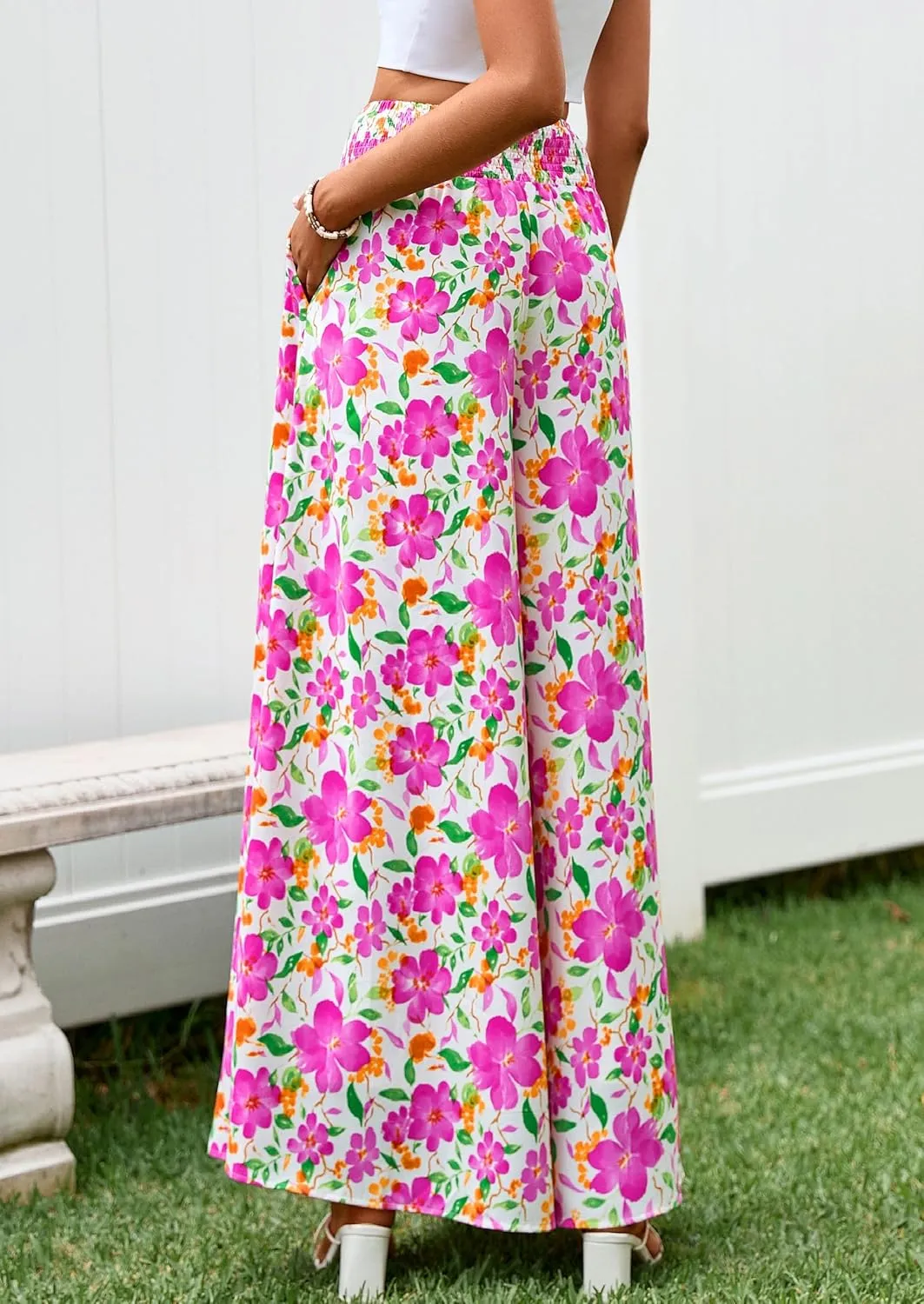 PRETTYGARDEN Women's 2025 Summer Flowy Wide Leg Palazzo Pants Dressy Casual Elastic High Waisted Pockets Boho Beach Trousers