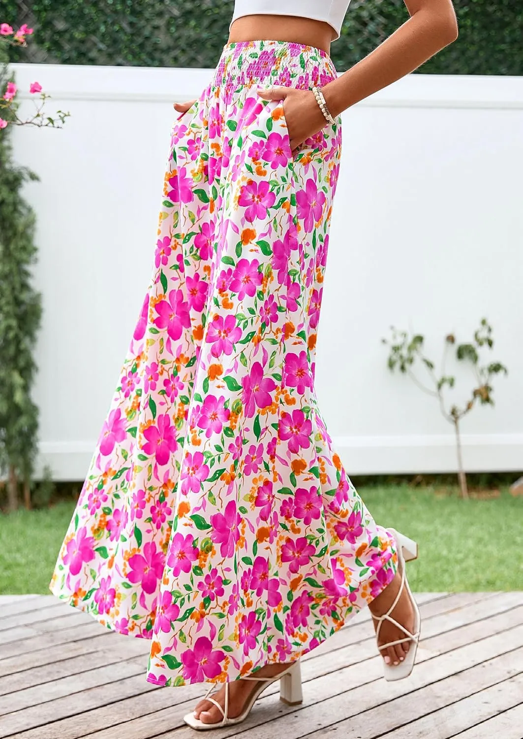 PRETTYGARDEN Women's 2025 Summer Flowy Wide Leg Palazzo Pants Dressy Casual Elastic High Waisted Pockets Boho Beach Trousers