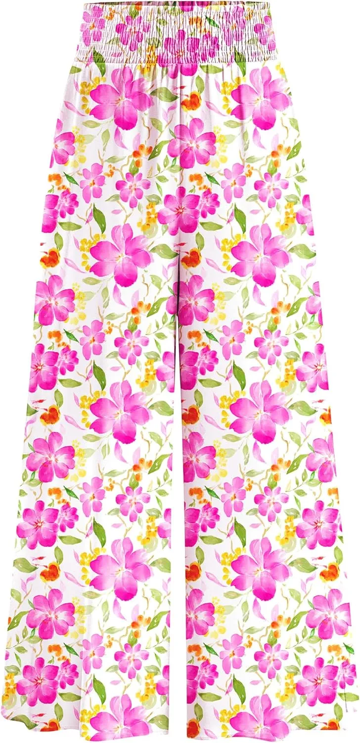 PRETTYGARDEN Women's 2025 Summer Flowy Wide Leg Palazzo Pants Dressy Casual Elastic High Waisted Pockets Boho Beach Trousers