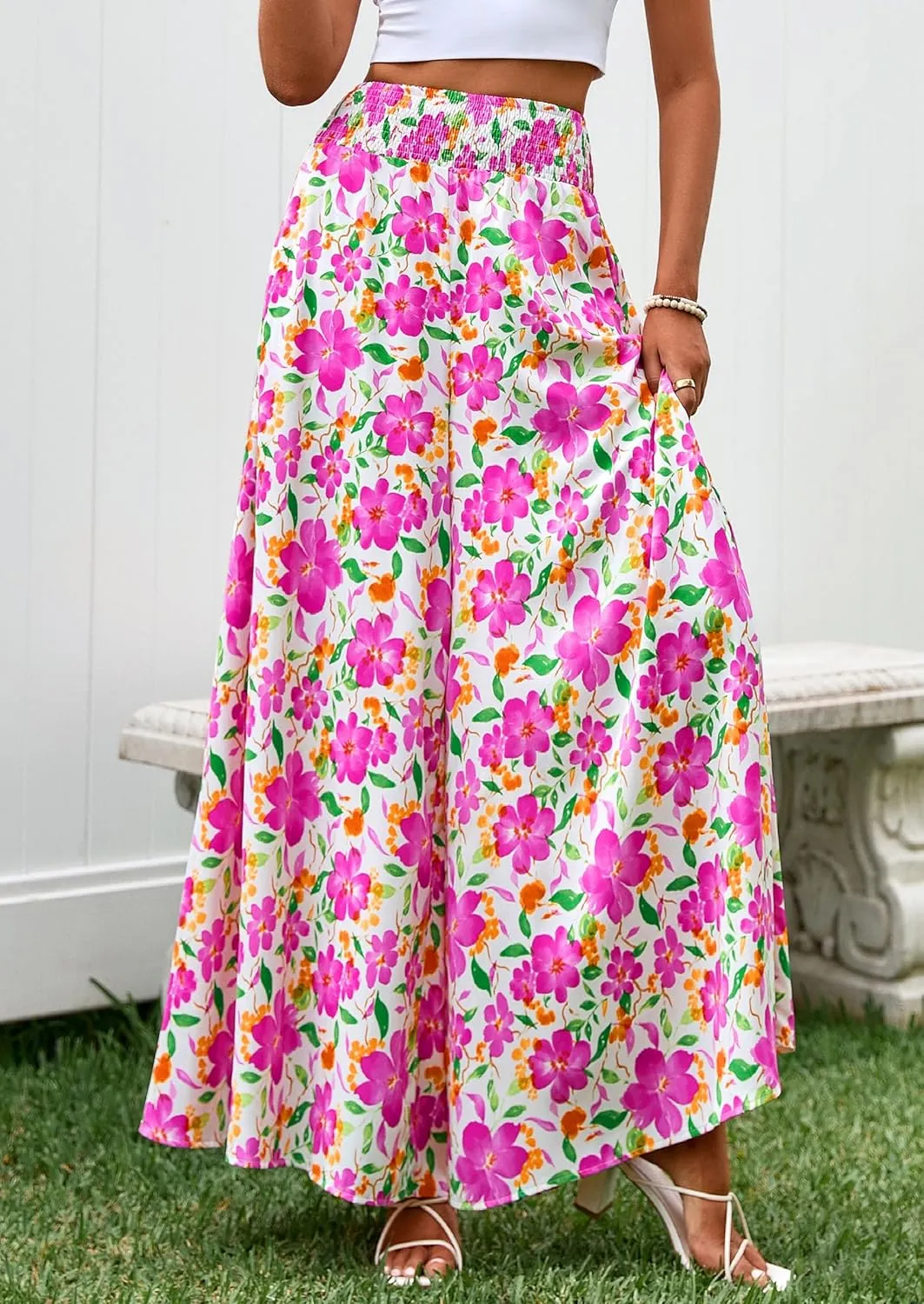 PRETTYGARDEN Women's 2025 Summer Flowy Wide Leg Palazzo Pants Dressy Casual Elastic High Waisted Pockets Boho Beach Trousers