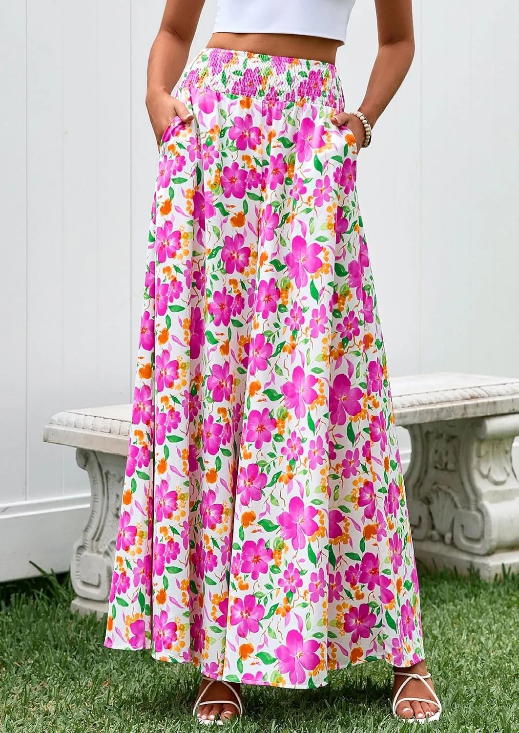 PRETTYGARDEN Women's 2025 Summer Flowy Wide Leg Palazzo Pants Dressy Casual Elastic High Waisted Pockets Boho Beach Trousers
