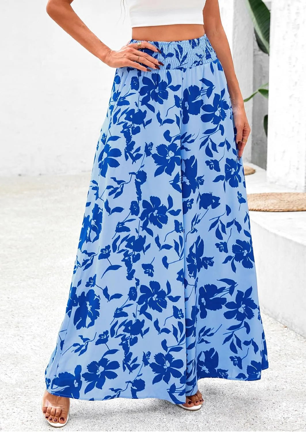 PRETTYGARDEN Women's 2025 Summer Flowy Wide Leg Palazzo Pants Dressy Casual Elastic High Waisted Pockets Boho Beach Trousers