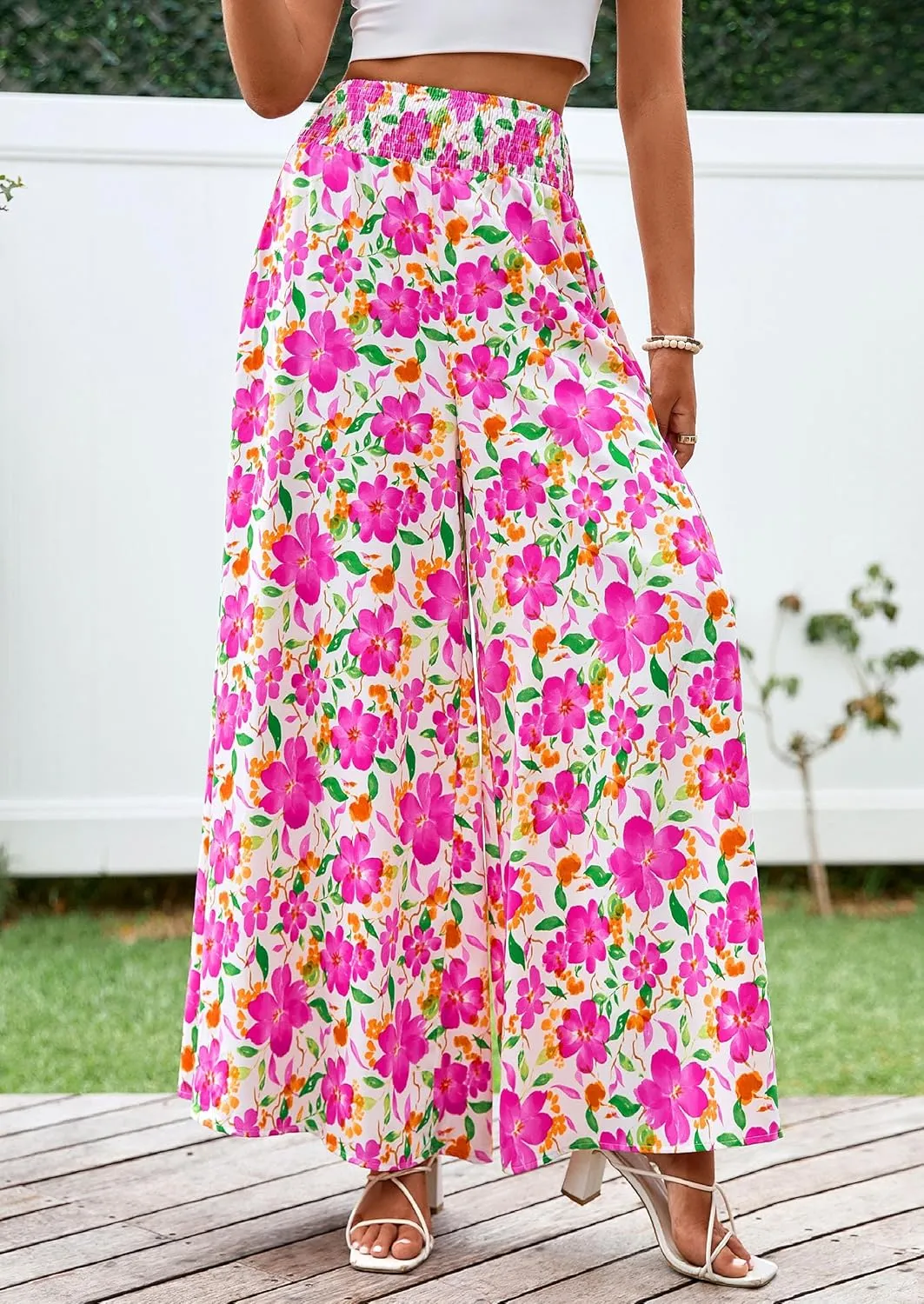 PRETTYGARDEN Women's 2025 Summer Flowy Wide Leg Palazzo Pants Dressy Casual Elastic High Waisted Pockets Boho Beach Trousers