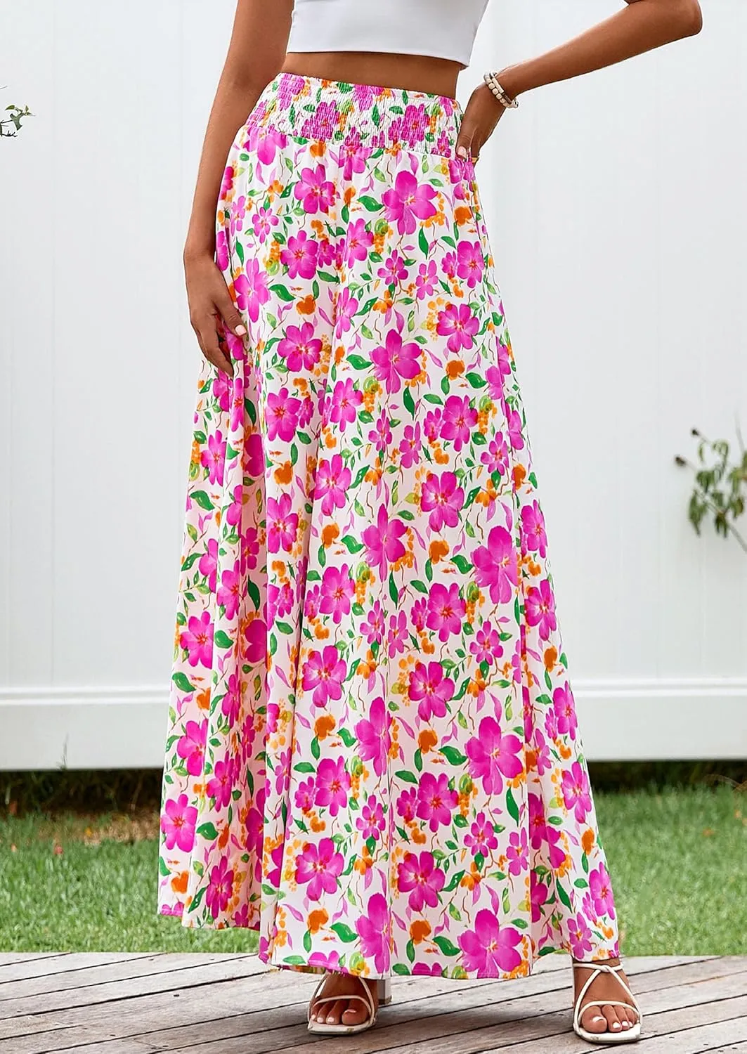 PRETTYGARDEN Women's 2025 Summer Flowy Wide Leg Palazzo Pants Dressy Casual Elastic High Waisted Pockets Boho Beach Trousers