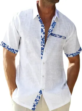 QIVICIMA Men's Hawaiian Shirt Linen Short Sleeve White Pink Sky Blue Button Down Shirt Casual Print Shirts