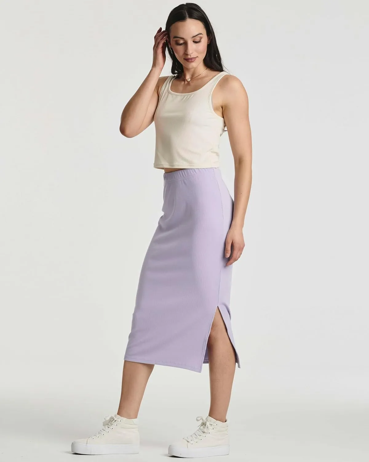 Real Essentials 3 Pack: Women's Midi Ribbed Knit Skirt with Side Slit - Stretchy Work Business Casual Pencil Pull-On Skirts