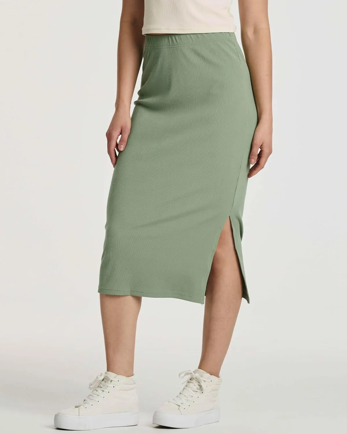 Real Essentials 3 Pack: Women's Midi Ribbed Knit Skirt with Side Slit - Stretchy Work Business Casual Pencil Pull-On Skirts