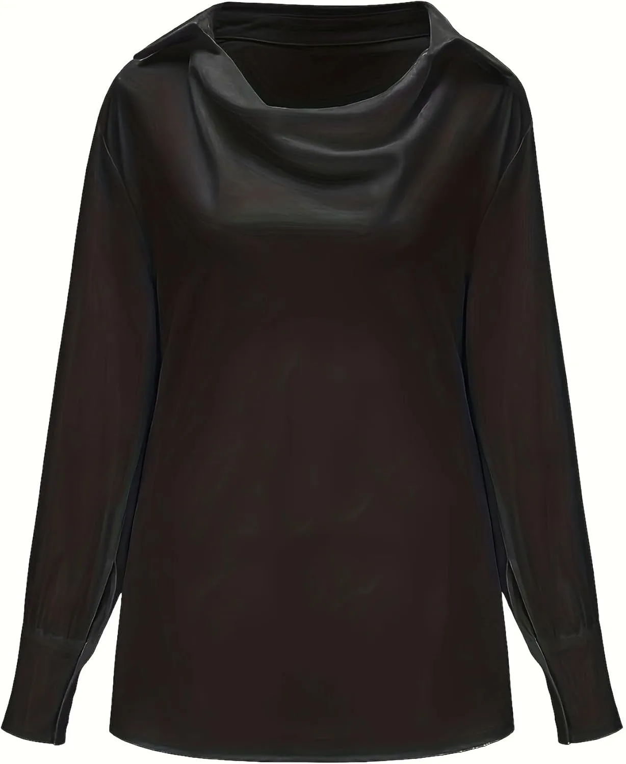SOMTHRON Women's Elegant Satin Silk Blouse Cowl Neck Ruched Front Draped Long Sleeve Work Office Shirt Top