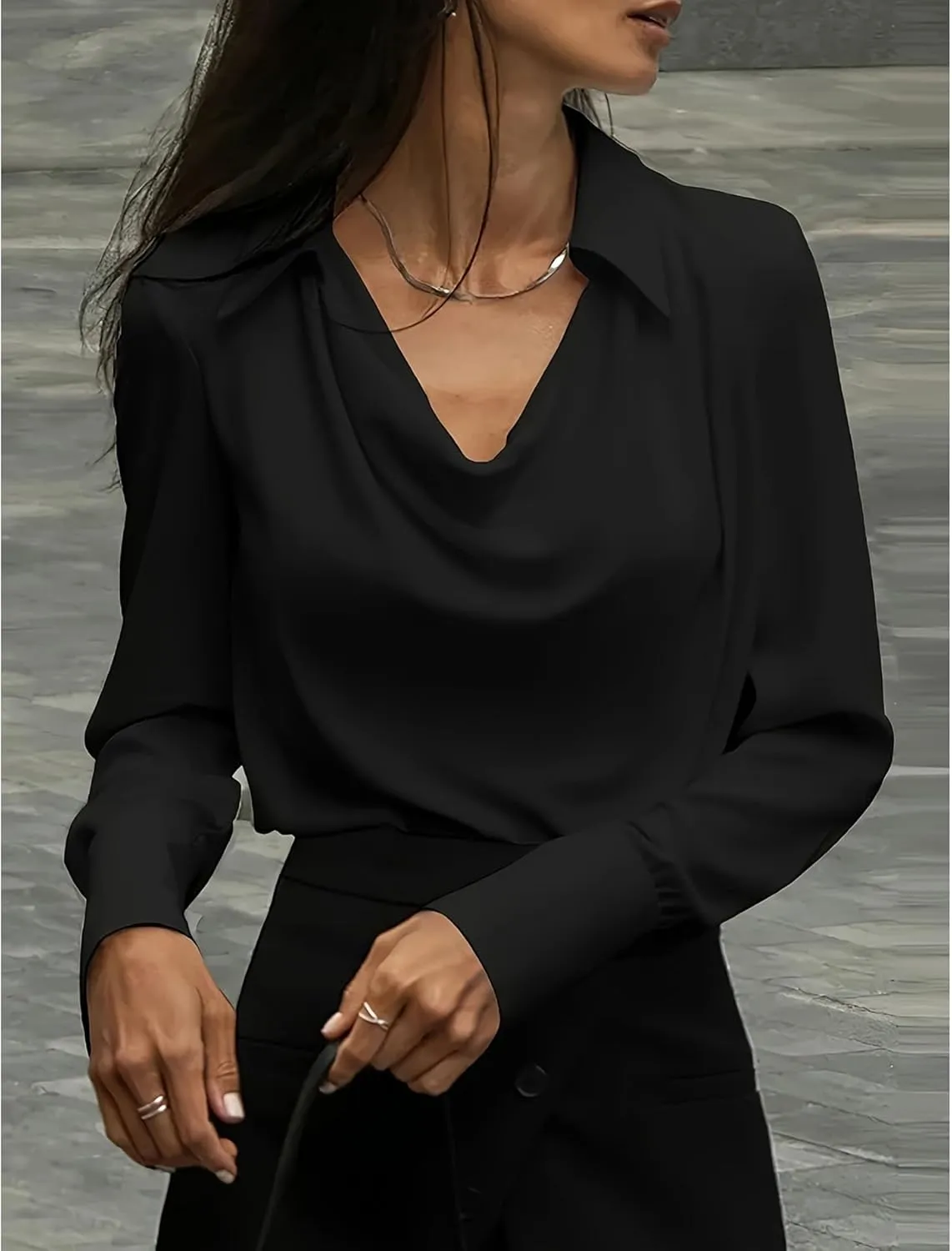SOMTHRON Women's Elegant Satin Silk Blouse Cowl Neck Ruched Front Draped Long Sleeve Work Office Shirt Top